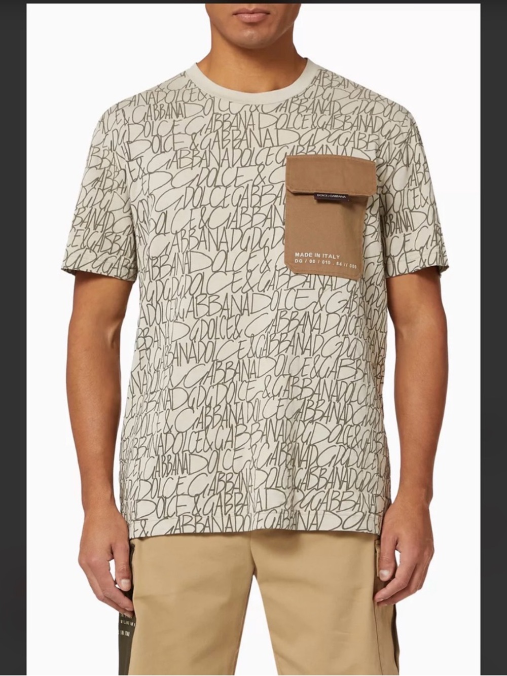 Dolce & Gabbana Beige Script-Logo Short Sleeve Tee with Tan Patch Pocket